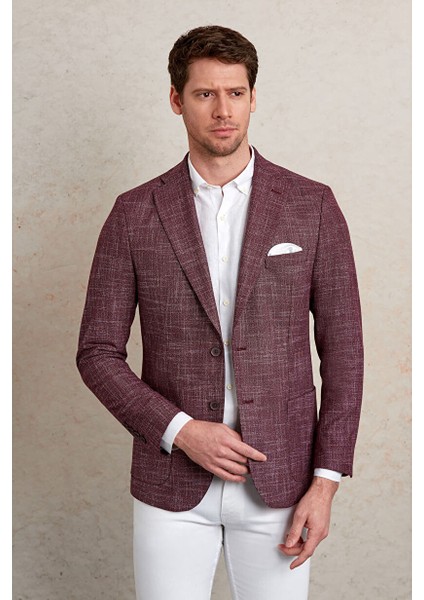 Bordo Slim Fit Desenli Mono Yaka Klasik Ceket