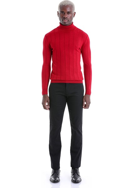 Kırmızı Comfort Fit Fitilli Balıkçı Yaka Yünlü Kazak modelleri