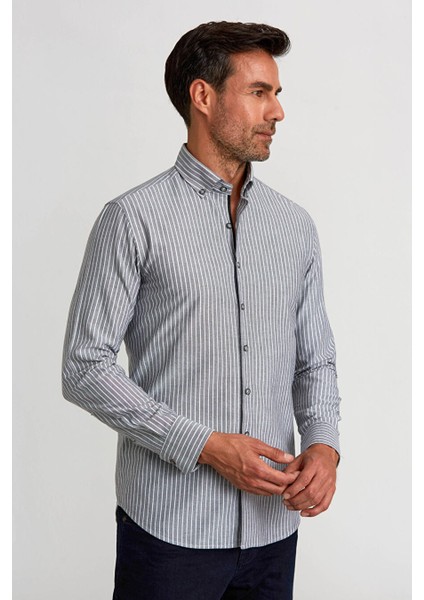 Modern Fit Uzun Kol Düğmeli Yaka Çizgili Spor Gömlek Sıyah GMCZG1622300205_D99 indirimleri