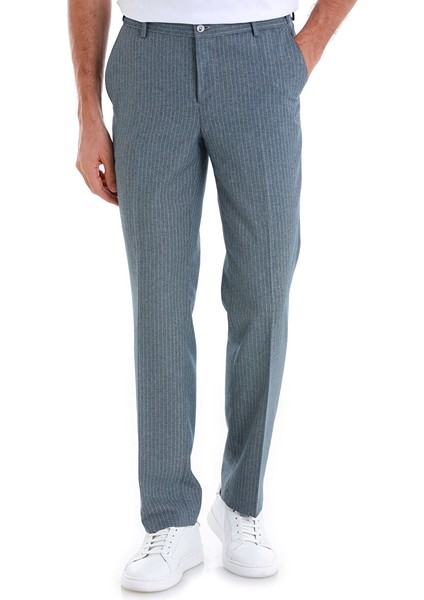 Mavi Regular Fit Çizgili Yandan Cepli Kumaş Pantolon
