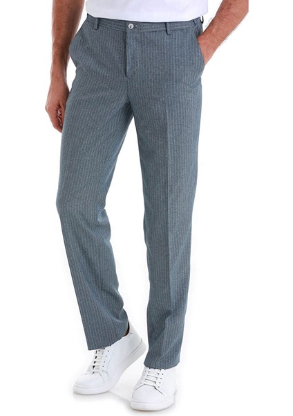 Mavi Regular Fit Çizgili Yandan Cepli Kumaş Pantolon