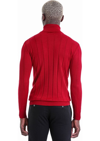 Kırmızı Comfort Fit Fitilli Balıkçı Yaka Yünlü Kazak