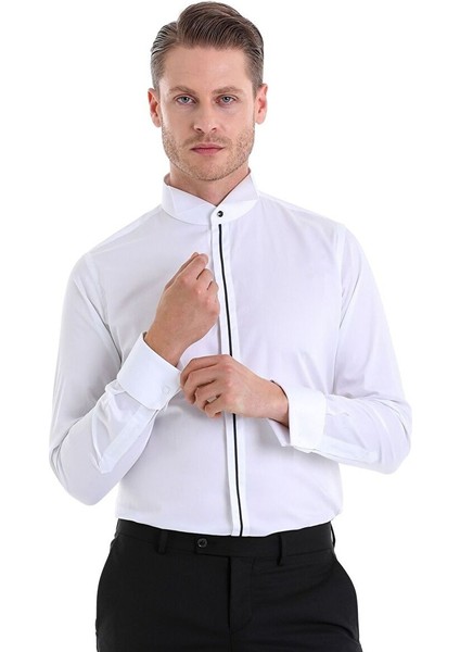 Lacivert Comfort Fit Düz 100% Pamuk Ata Yaka Manşetli Uzun Kol Saten Damatlık Gömlek