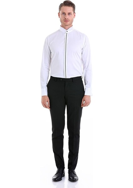 Lacivert Comfort Fit Düz 100% Pamuk Ata Yaka Manşetli Uzun Kol Saten Damatlık Gömlek modelleri