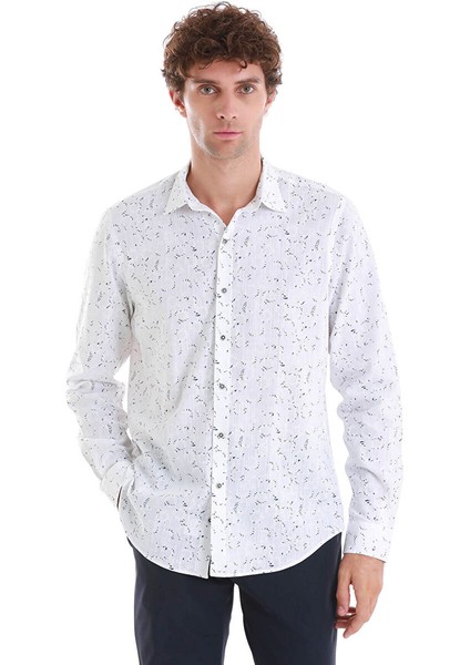 Lacivert Comfort Fit Baskılı Slim Yaka Uzun Kollu Spor Gömlek