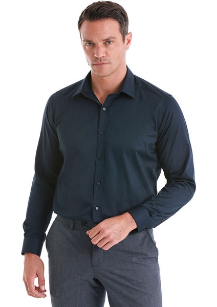 Lacivert Slim Fit Düz 100% Pamuk Slim Yaka Uzun Kollu Saten Gömlek