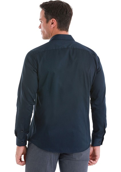 Lacivert Slim Fit Düz 100% Pamuk Slim Yaka Uzun Kollu Saten Gömlek fırsatları