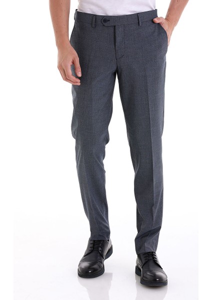 Lacivert Slim Fit Yandan Cepli Desenli Yünlü Düşük Bel Kumaş Pantolon