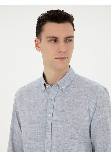 Lacivert Slim Fit Keten Görünümlü Uzun Kollu Gömlek fiyatları