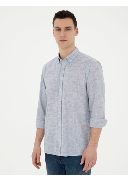 Lacivert Slim Fit Keten Görünümlü Uzun Kollu Gömlek modelleri