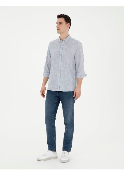 Lacivert Slim Fit Keten Görünümlü Uzun Kollu Gömlek fırsatları