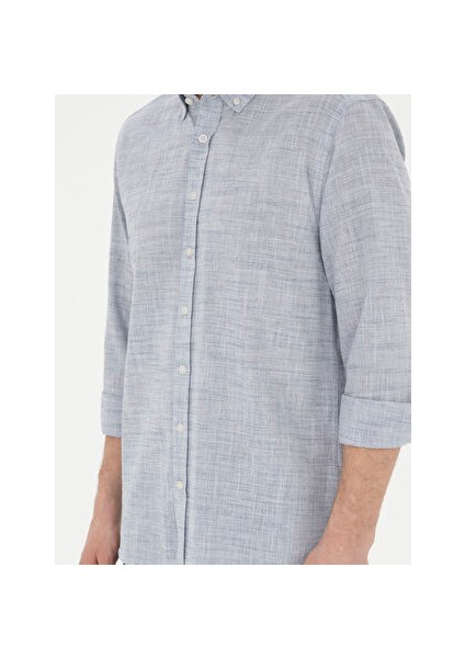 Lacivert Slim Fit Keten Görünümlü Uzun Kollu Gömlek