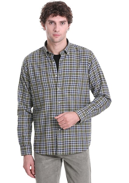 Haki Comfort Fit Kareli Düğmeli Yaka Uzun Kollu Casual Gömlek