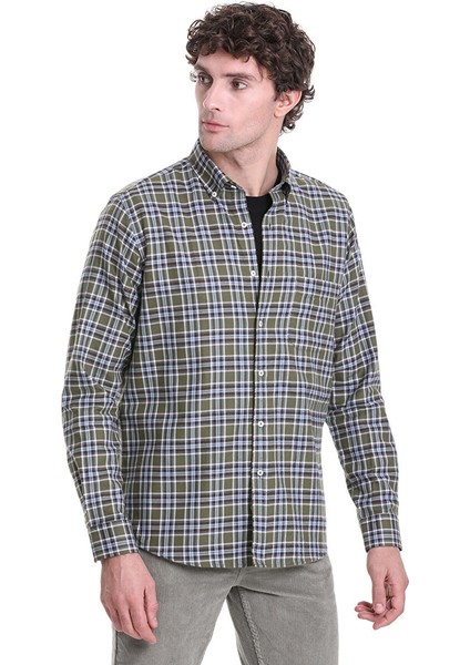 Haki Comfort Fit Kareli Düğmeli Yaka Uzun Kollu Casual Gömlek