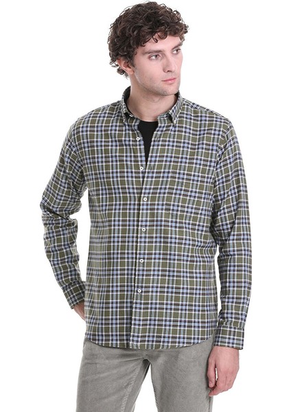 Haki Comfort Fit Kareli Düğmeli Yaka Uzun Kollu Casual Gömlek