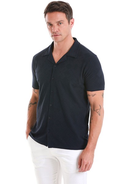 Lacivert Regular Fit Jakarlı Polo Yaka Pamuklu Tişört