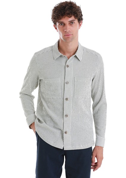 Yeşil Klasik Fit Çizgili Uzun Kollu Overshirt Gömlek