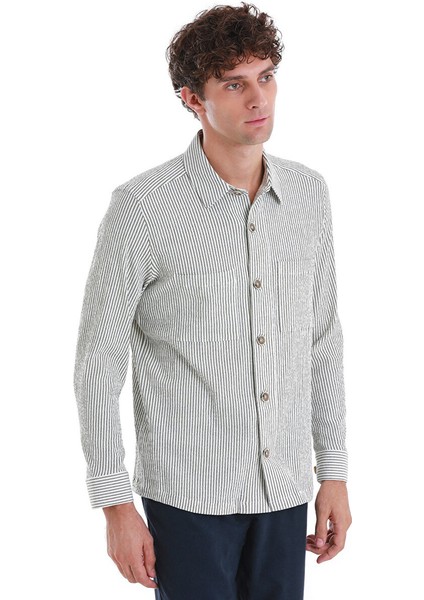 Yeşil Klasik Fit Çizgili Uzun Kollu Overshirt Gömlek modelleri