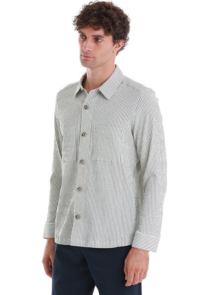 Yeşil Klasik Fit Çizgili Uzun Kollu Overshirt Gömlek fırsatları