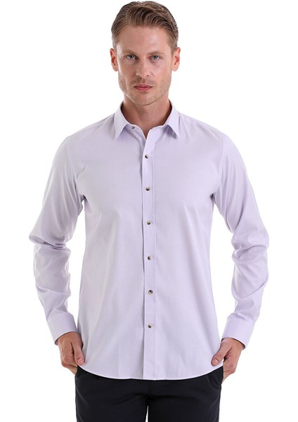 Lila Comfort Fit Çizgili %100 Pamuklu Slim Yaka Uzun Kollu Casual Gömlek