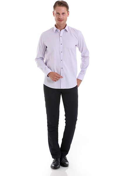 Lila Comfort Fit Çizgili %100 Pamuklu Slim Yaka Uzun Kollu Casual Gömlek fiyatları
