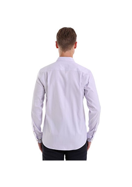 Lila Comfort Fit Çizgili %100 Pamuklu Slim Yaka Uzun Kollu Casual Gömlek