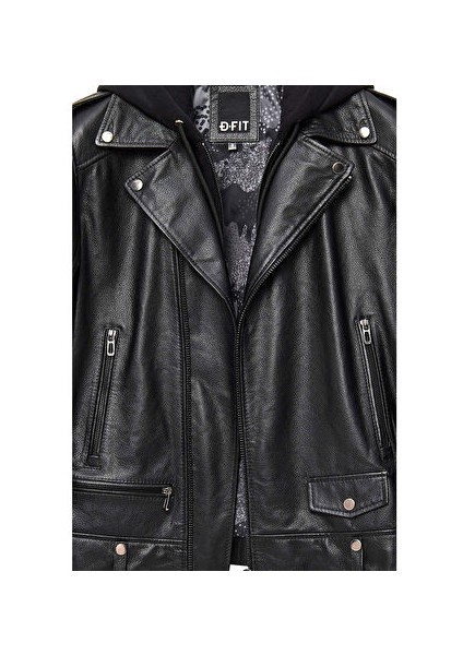 Butler Erkek Siyah Kapüşonlu Biker Deri Ceket 24WGF6527FT