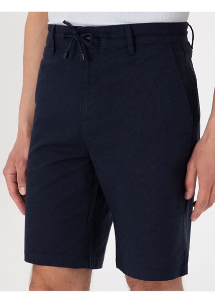Lacivert Slim Fit Dokuma Şort
