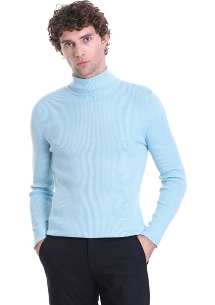 Mavi Slim Fit Fitilli Balıkçı Yaka Yünlü Triko Kazak