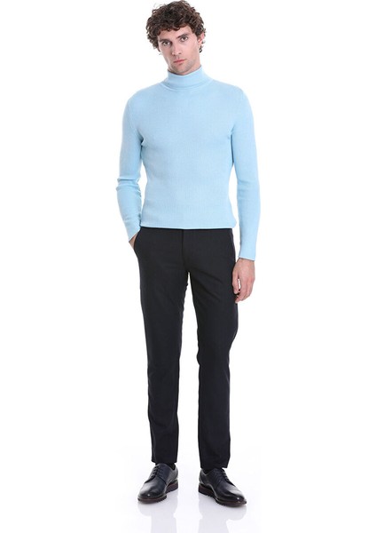 Mavi Slim Fit Fitilli Balıkçı Yaka Yünlü Triko Kazak