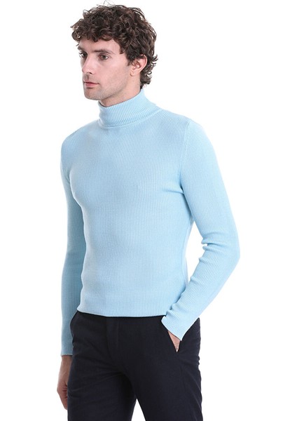 Mavi Slim Fit Fitilli Balıkçı Yaka Yünlü Triko Kazak