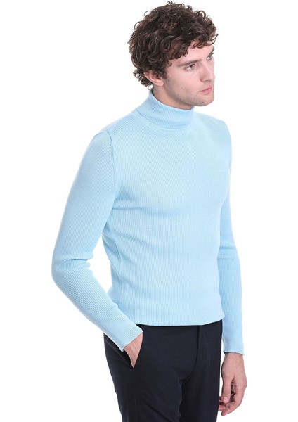 Mavi Slim Fit Fitilli Balıkçı Yaka Yünlü Triko Kazak
