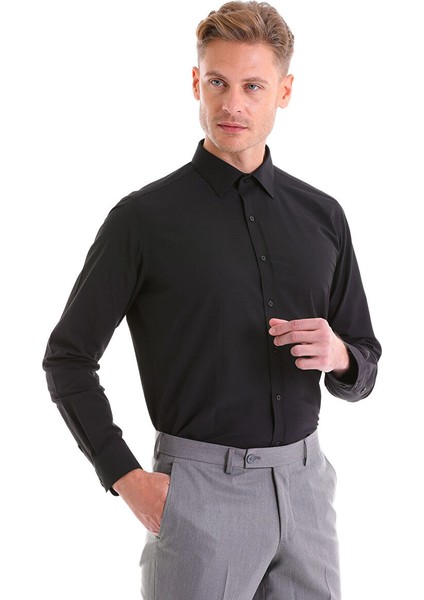 Siyah Slim Fit Düz Pamuklu Slim Yaka Uzun Kollu Klasik Gömlek