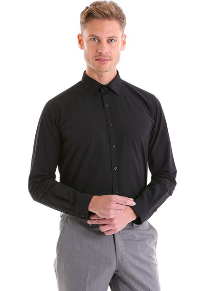 Siyah Slim Fit Düz Pamuklu Slim Yaka Uzun Kollu Klasik Gömlek fiyatları