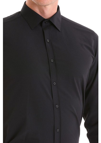 Siyah Slim Fit Düz Pamuklu Slim Yaka Uzun Kollu Klasik Gömlek indirimleri