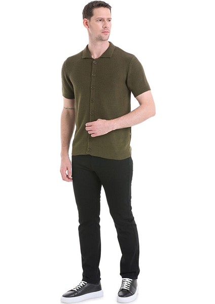 Haki Regular Fit Düz Düğmeli Kısa Kollu Triko Hırka