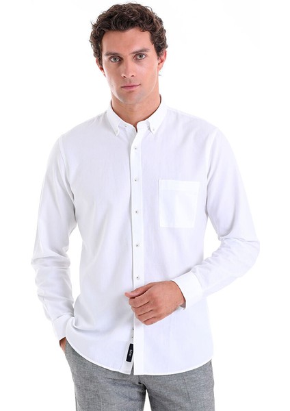 Beyaz Comfort Fit Düz 100% Pamuk Düğmeli Yaka Uzun Kollu Casual Oxford Gömlek