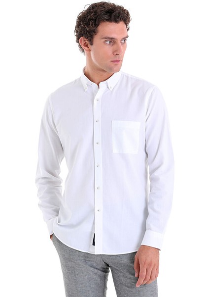 Beyaz Comfort Fit Düz 100% Pamuk Düğmeli Yaka Uzun Kollu Casual Oxford Gömlek fiyatları