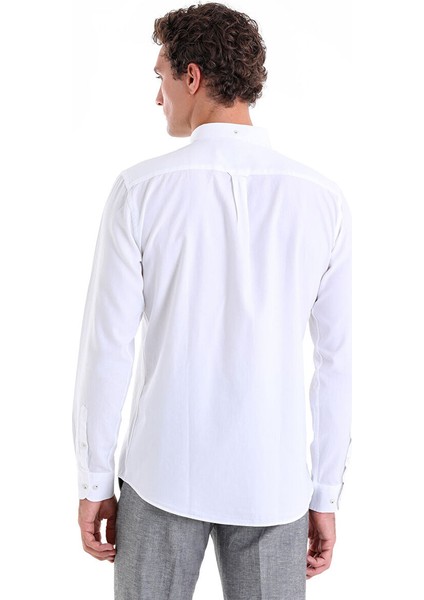 Beyaz Comfort Fit Düz 100% Pamuk Düğmeli Yaka Uzun Kollu Casual Oxford Gömlek