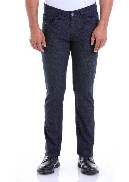 Lacivert Slim Fit Desenli Pamuklu 5 Cep Kanvas Pantolon