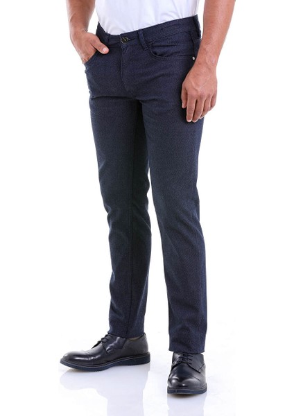 Lacivert Slim Fit Desenli Pamuklu 5 Cep Kanvas Pantolon