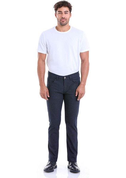 Lacivert Slim Fit Desenli Pamuklu 5 Cep Kanvas Pantolon