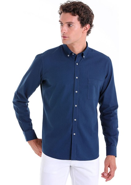 Lacivert Comfort Fit Düz 100% Pamuk Düğmeli Yaka Uzun Kollu Casual Oxford Gömlek