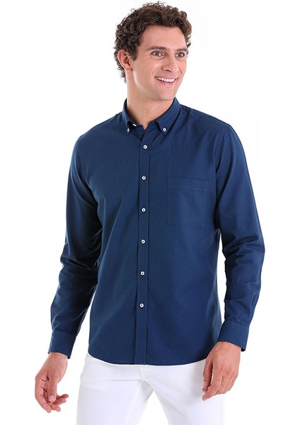 Lacivert Comfort Fit Düz 100% Pamuk Düğmeli Yaka Uzun Kollu Casual Oxford Gömlek fiyatları