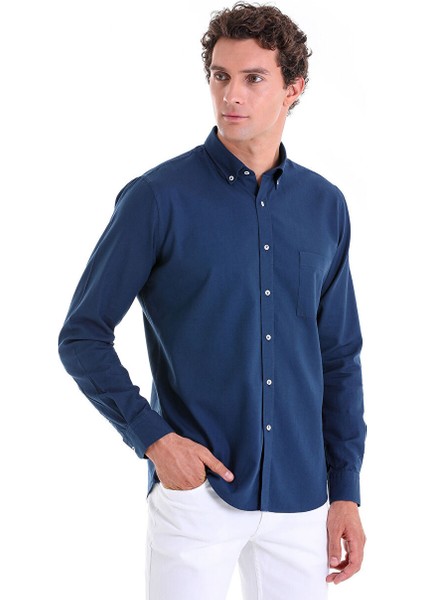 Lacivert Comfort Fit Düz 100% Pamuk Düğmeli Yaka Uzun Kollu Casual Oxford Gömlek modelleri