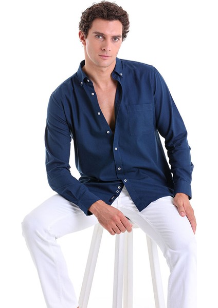 Lacivert Comfort Fit Düz 100% Pamuk Düğmeli Yaka Uzun Kollu Casual Oxford Gömlek indirimleri