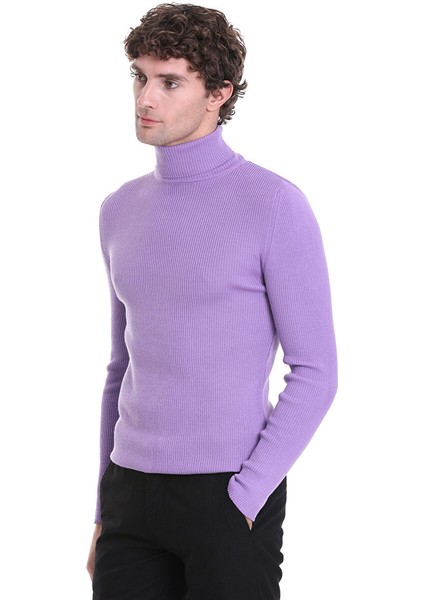Lila Slim Fit Fitilli Balıkçı Yaka Yünlü Triko Kazak modelleri