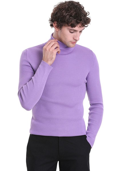 Lila Slim Fit Fitilli Balıkçı Yaka Yünlü Triko Kazak fırsatları