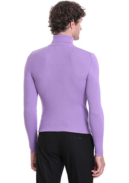Lila Slim Fit Fitilli Balıkçı Yaka Yünlü Triko Kazak