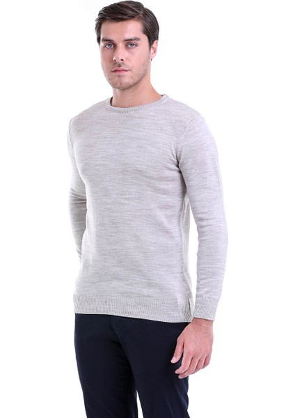 Bej Regular Fit Düz Bisiklet Yaka Triko Kazak